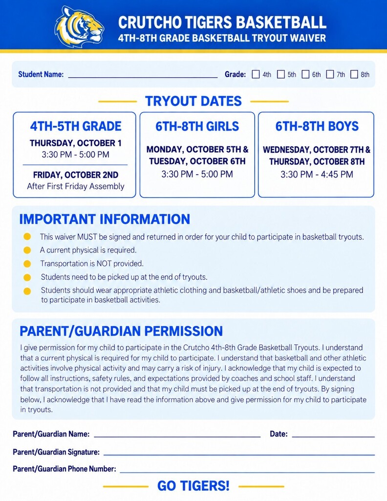 Basketball Tryouts are coming soon, but students must have the attached waiver signed first. Parents please make sure your child is ready to compete and get those waivers in please. Tryout dates are attached. Let's go Tigers!