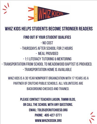 Crutcho School kids love Whiz Kids and Whiz Kids loves Crutcho students. This is a not cost reading and support program in partnership with Meadowood Baptist Church . Transportation is provided. Join Whiz Kids OK today! 