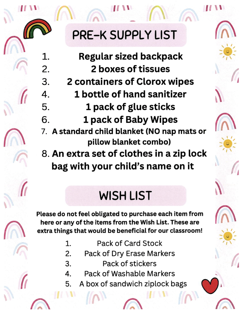 CRE Prek-2 Supply Lists
