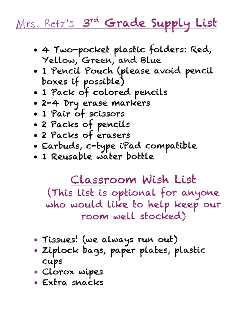 CRE Supply Lists Grades 3-5