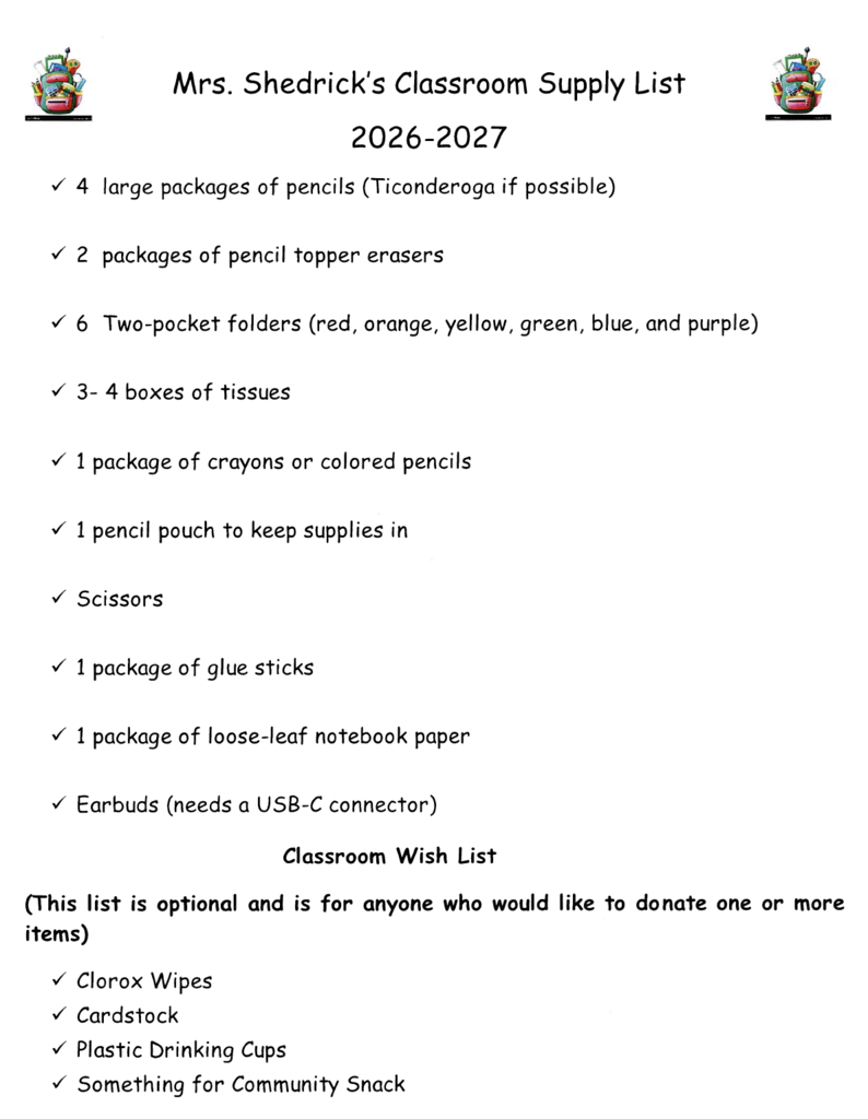 CRE Supply Lists Grades 3-5
