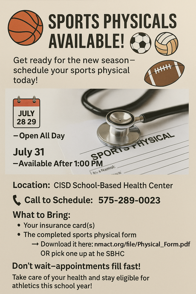 Sports Physicals July 28, 29, 31 at CISD School Based Health Center
