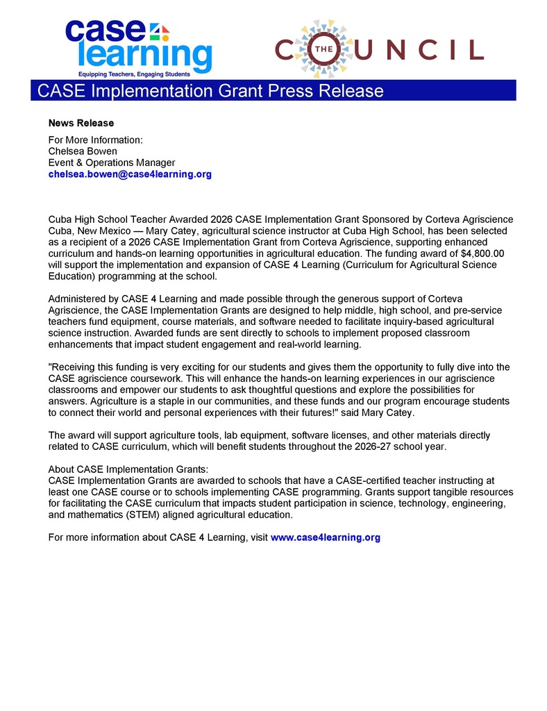 CASE Learning Grant Press Release