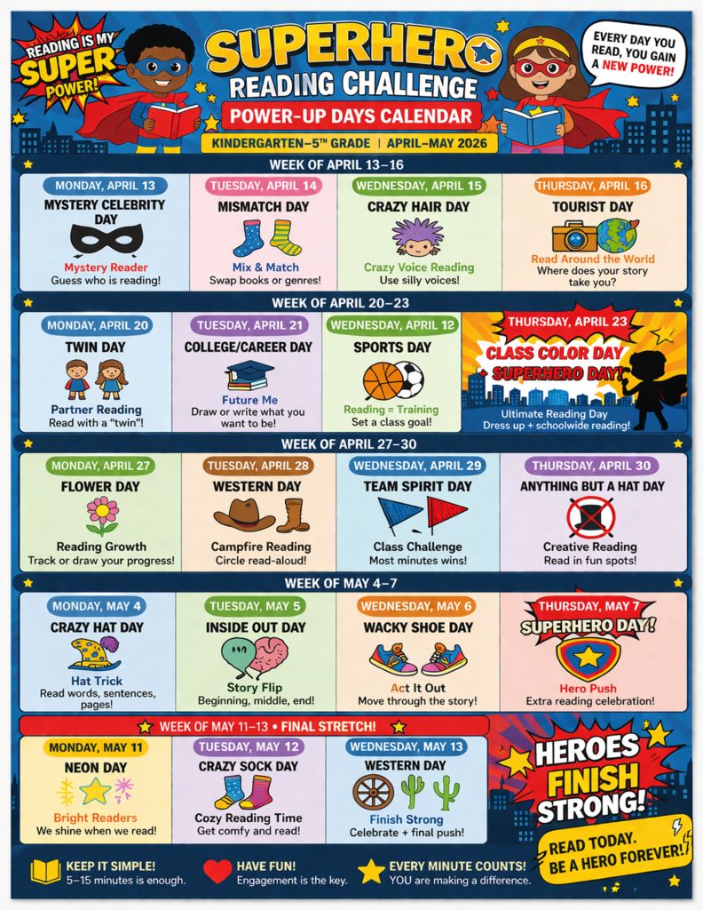 Superhero Reading Calendar & Dress-Up Days
