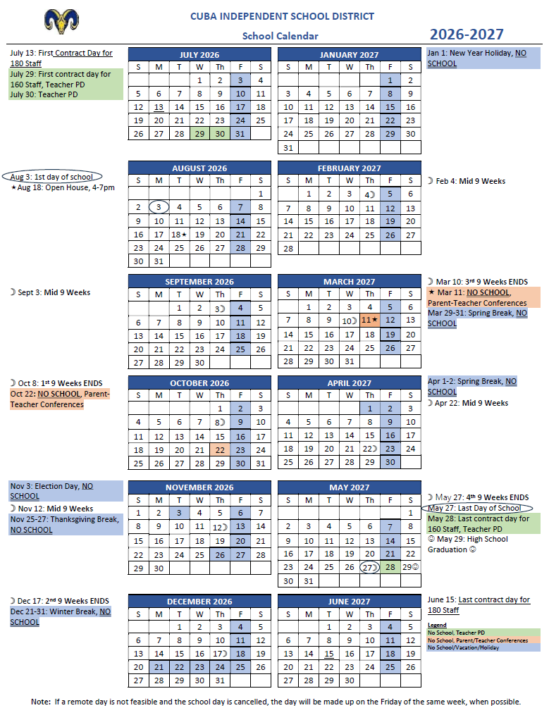 2026-2027 School Calendar