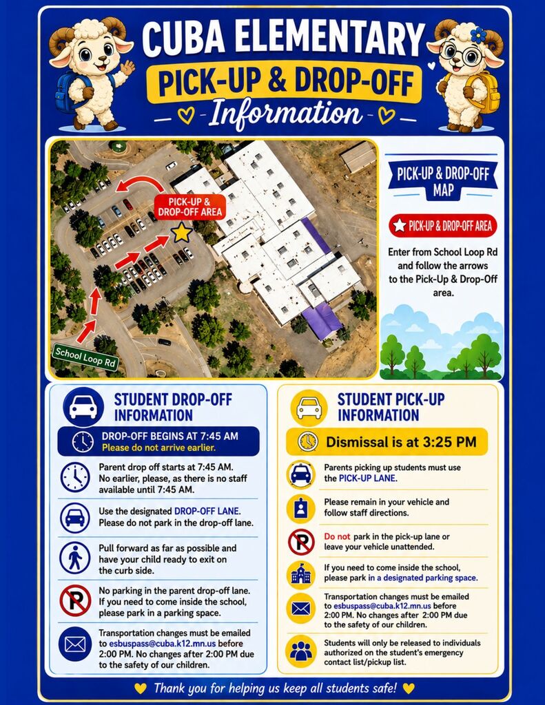 Friendly reminder to our Cuba Elementary Families, drop-off begins at 7:45 AM, please do not drop students off before that time. Transportation changes must be emailed to buspass@cuba.k12.nm.us by 2:00 PM. Thank you for your cooperation and for helping us keep all of our students safe!