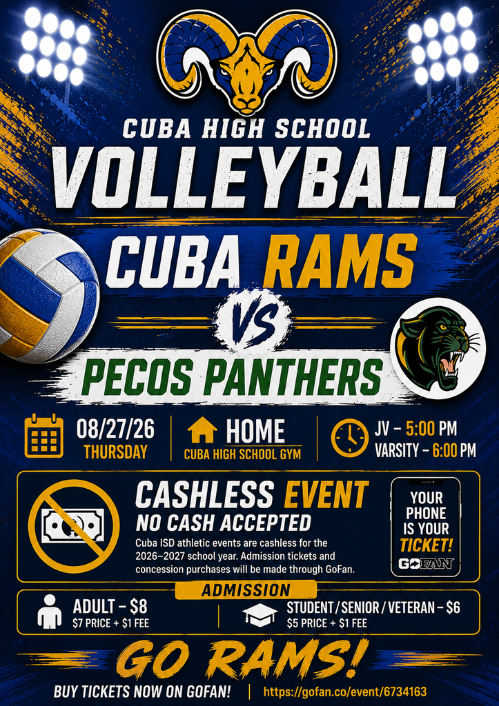 Come support the HSVB vs. Pecos. Thur. 8/27/26-(JV-5:00pm/Varsity-6:00pm) at the Cuba High School Gym.