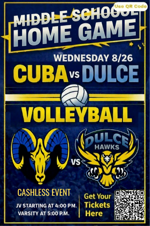 Come support the MSVB team vs. Dulce MS today, Wed. 8/26/26 (JV-4pm / Varsity-5pm) at the Middle School Gym.