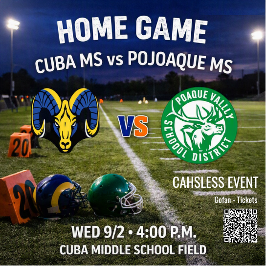 Come support the MSFB team vs. Pojoaque MS today, Wed. 9/2/26-4:00pm  Cuba HS Football Field.