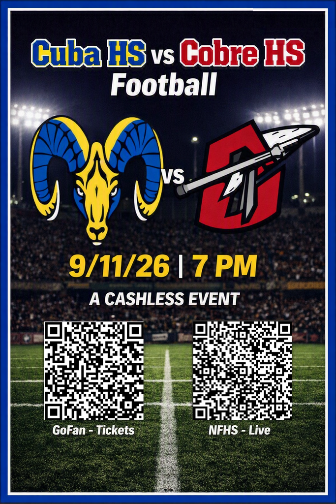 Come support the HSFB team vs. Cobre HS tonight, Fri. 9/11/26-7:00pm Kickoff!
