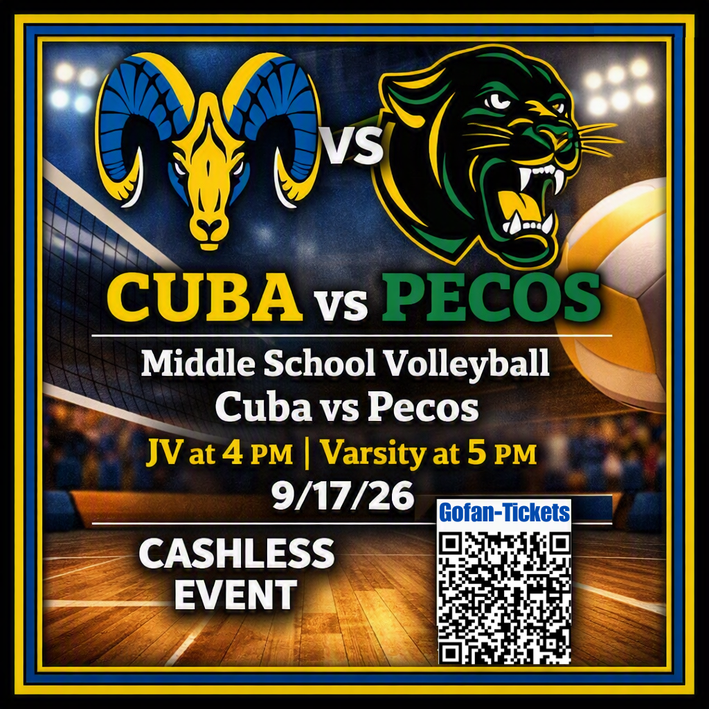Come support the MSVB teams vs. Pecos MS today, Thur. 9/17/26 (JV-4:00 / Varsity-5:00pm) at the MS Gym.