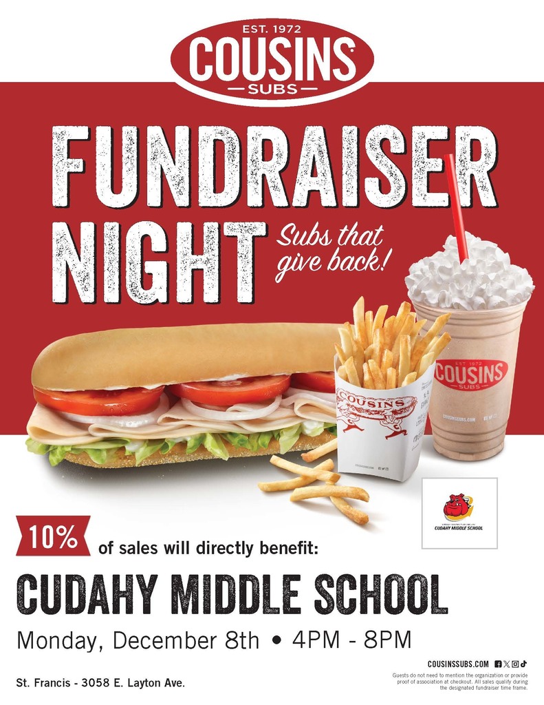 Middle School Fundraiser flyer for Cousin's Subs