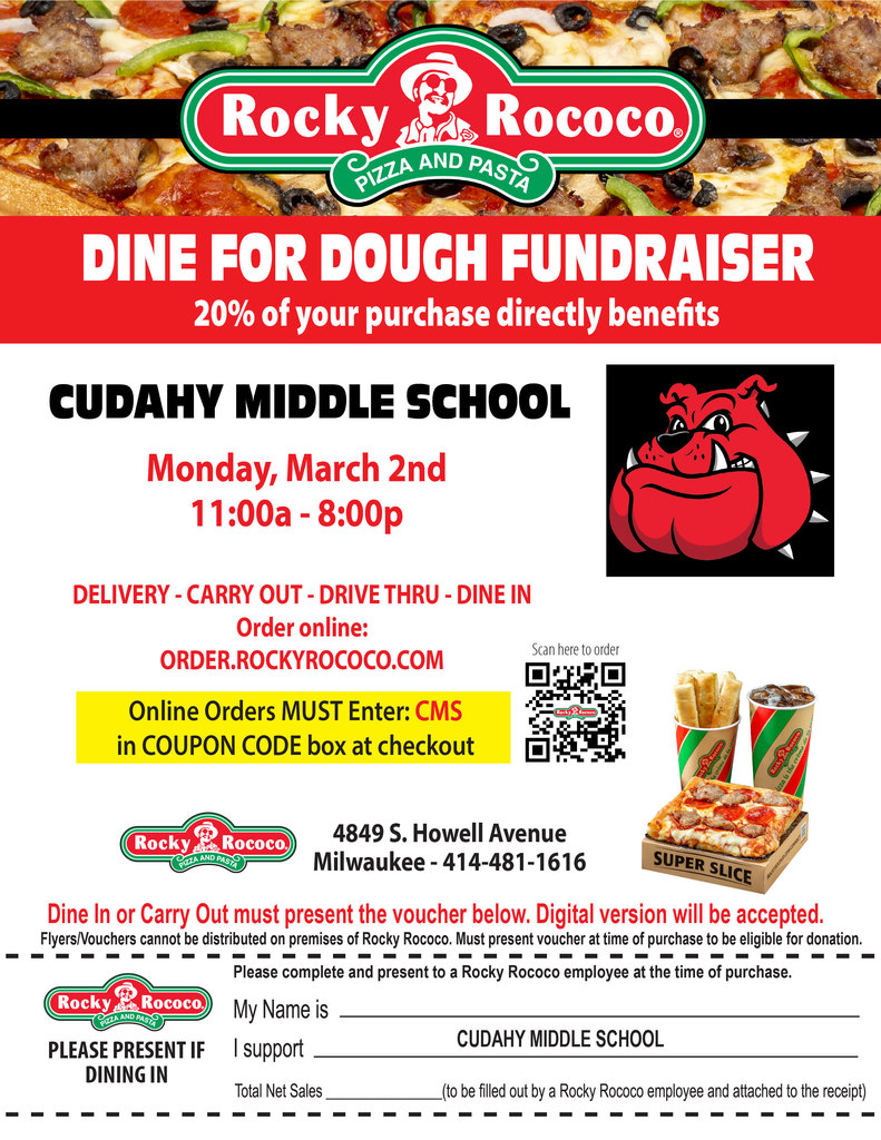 flyer for the middle school rocky rococo fundraiser