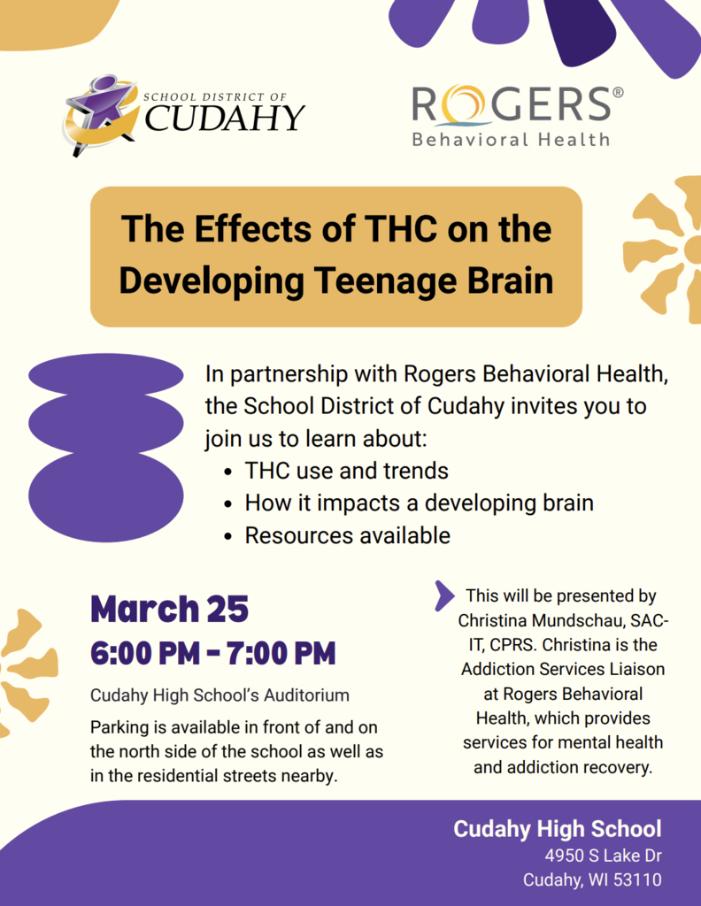 flyer for the effects of THC on the developing brain presentation
