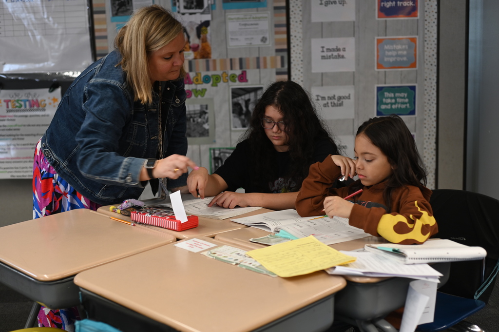picture of a teacher helping students with their math work