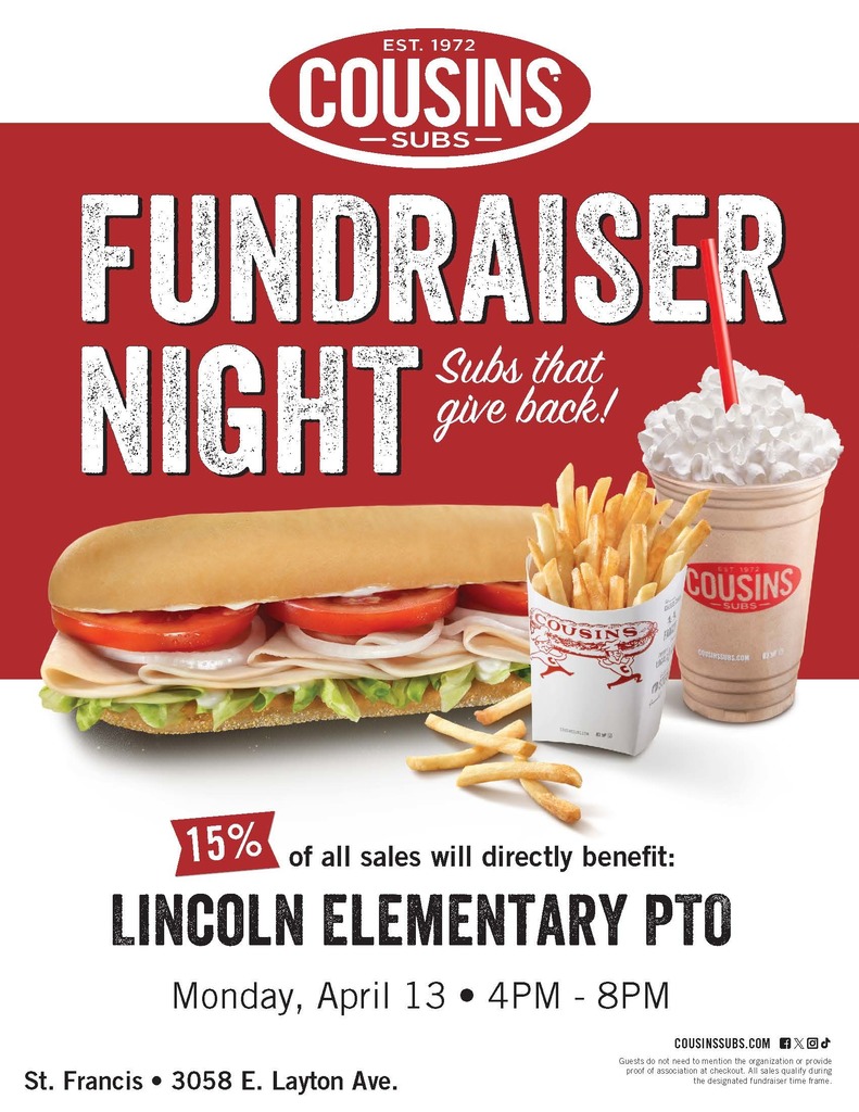 flyer for the Lincoln PTO fundraiser at Cousins Subs