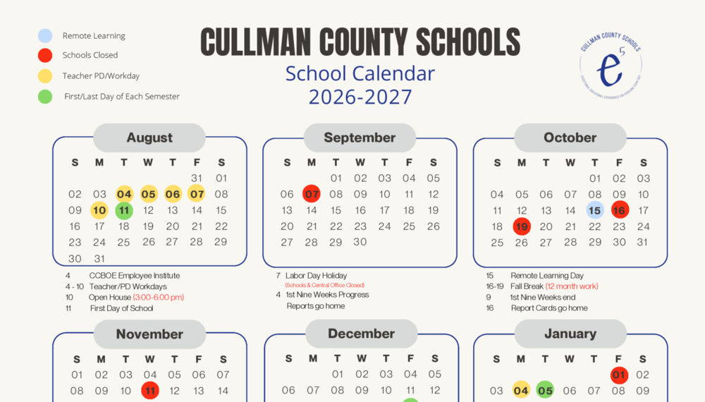 Cullman County Schools Calendar 26-27 Image