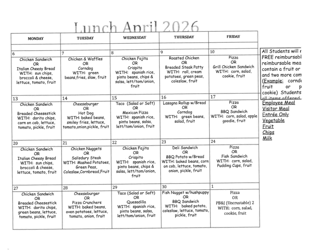 April 2026 lunch menu