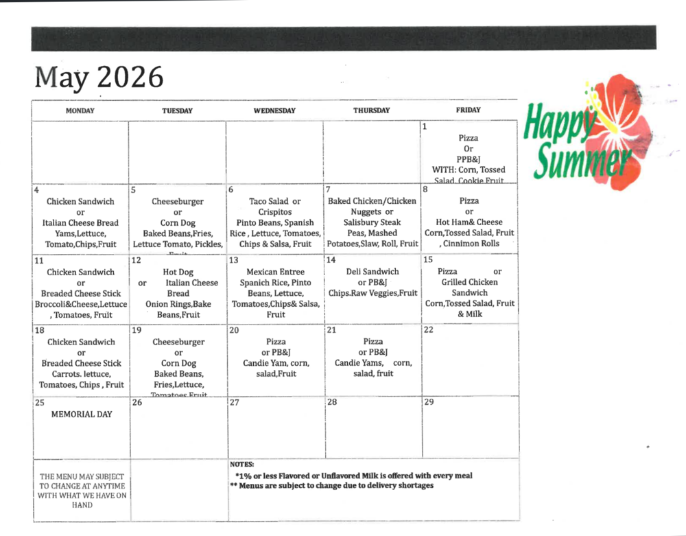 May 2026 lunch menu