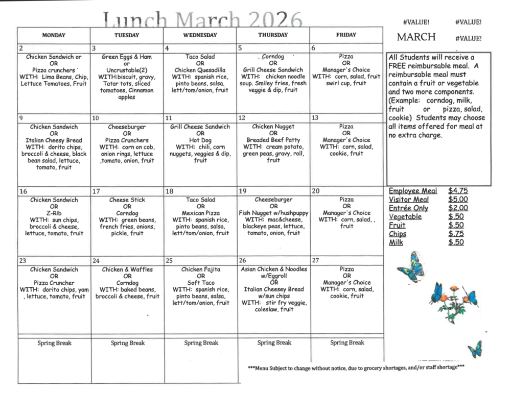 Lunch Menu March 2026