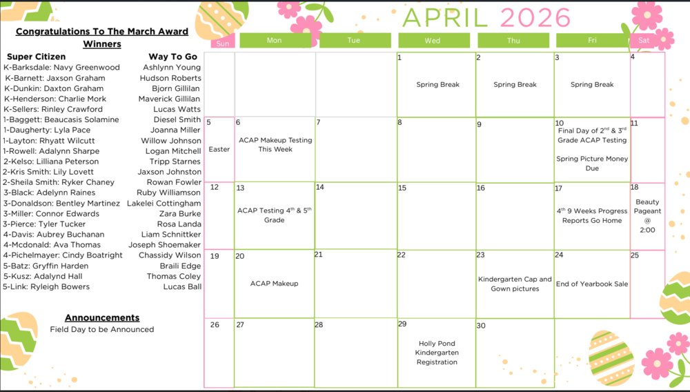 Activity Calendar April 2026 