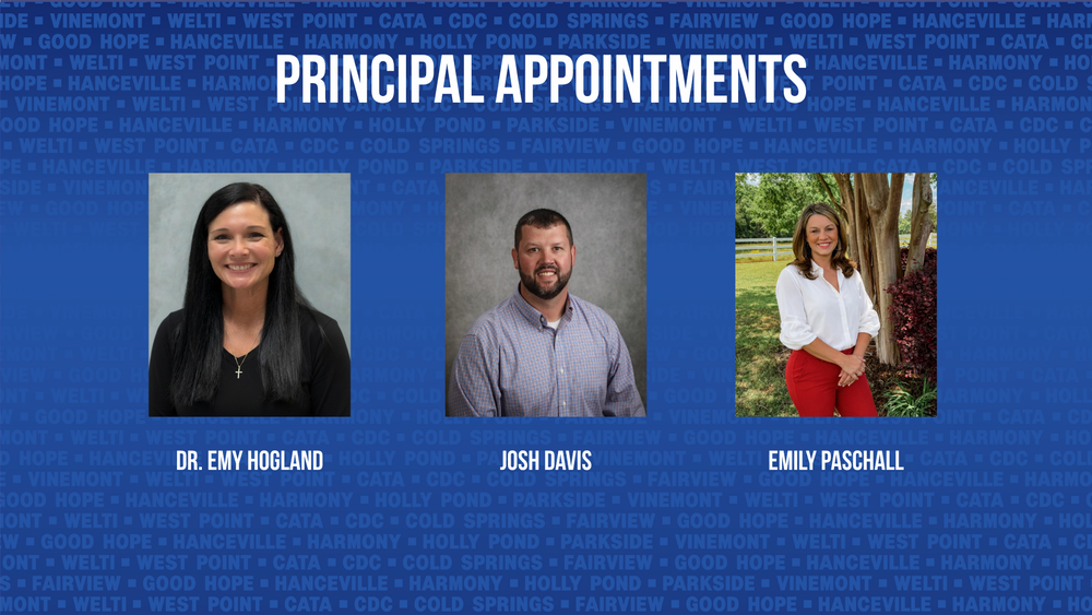 Principal Appointments, Dr Emy Hogland, Josh Davis, Emily Paschall. Portraits of the new principals smiling.