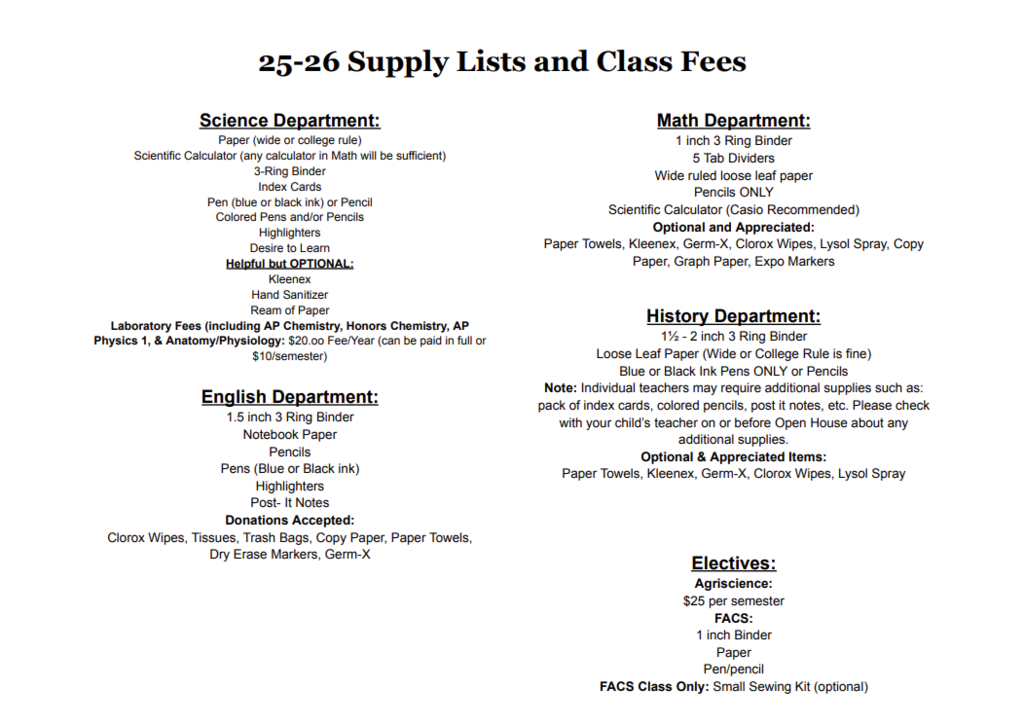 25-26 Supply Lists