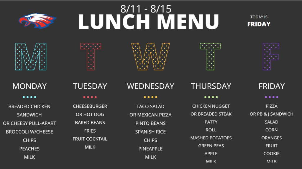 Lunch Menu for 8/11/25 to 8/15/25