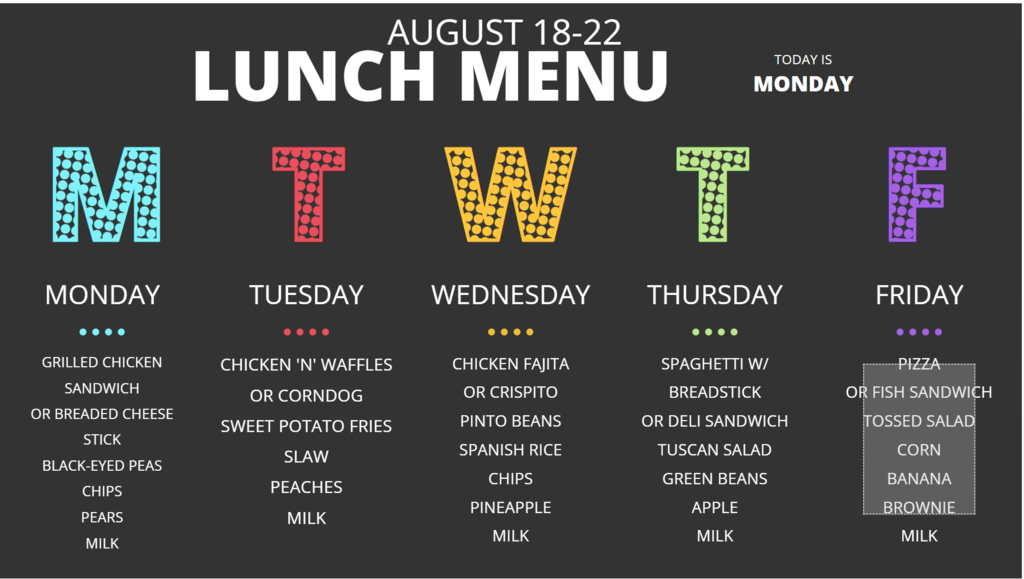 Lunch Menu for 8/18-8/22/25