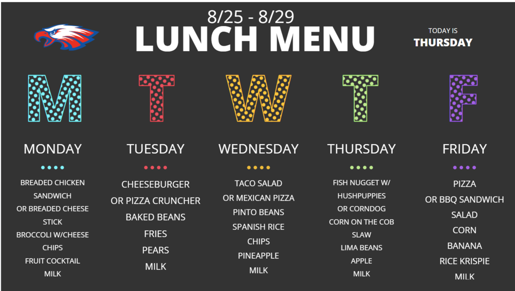 Lunch Menu for 8/25 to 8/29/25