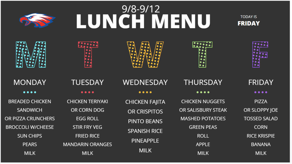 Lunch Menu for 9/8 to 9/12/25