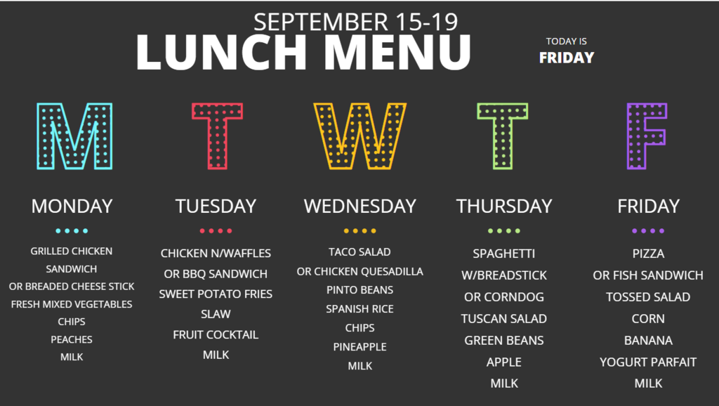 Lunch Menu for 9/15 to 9/19/25