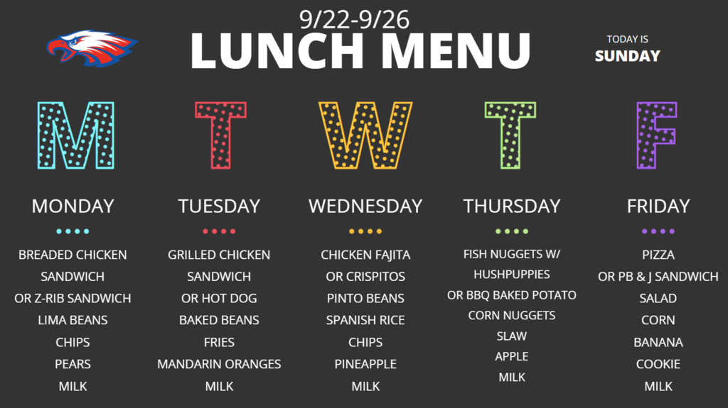 Lunch Menu for 9/22/ to 9/26/25