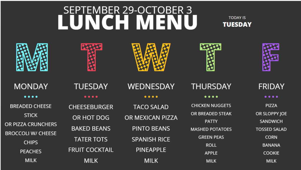 Lunch Menu for 9/28 to 10/3/26