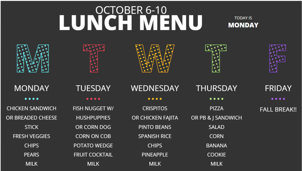 Lunch Menu for 10/6 to 10/10/25