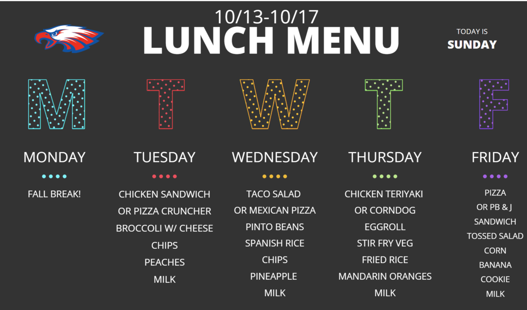 Lunch Menu for 10/14 to 10/17/25