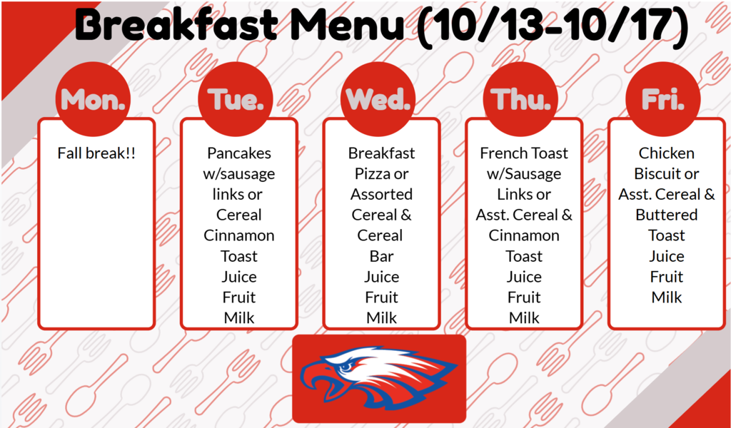 Breakfast Menu for 10/14-10/17