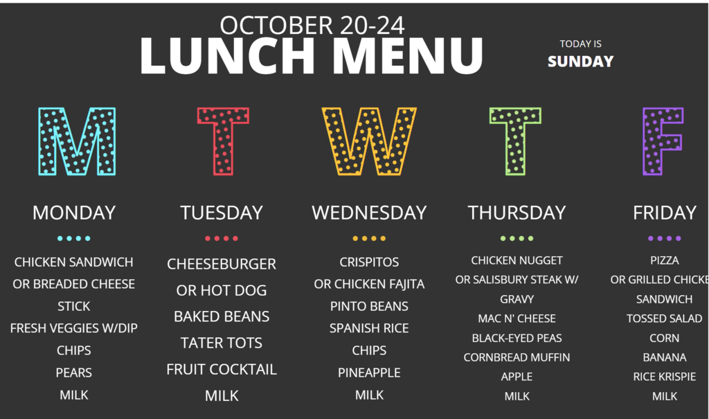 Lunch Menu for 10/20 to 10/24/25