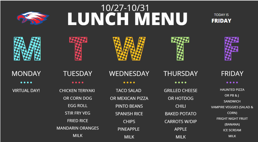 Lunch Menu for 10/27 to 10/31/25
