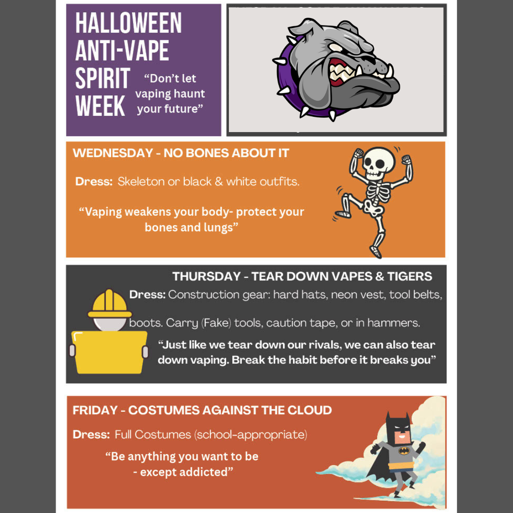 Take a stand at HHS against vapes and don't let vaping haunt your future! Over the next few days, HHS students can dress up as part of our Halloween Anti-Vaping Spirit week. Students can enter the costume contest by accessing the link in their email.  