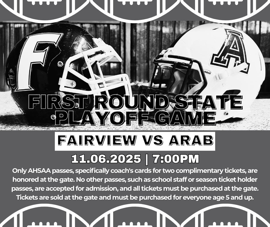 First Round state playoff game this Thursday at 7:00 pm. No passes allowed except for AHSAA passes plus two.