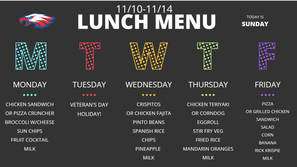 Lunch Menu for 11/10 to 11/14/25