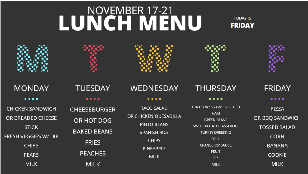 Lunch Menu for 11/17 to 11/21/25
