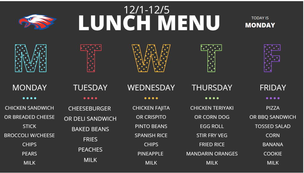 Lunch Menu for 12/1 to 12/5/25