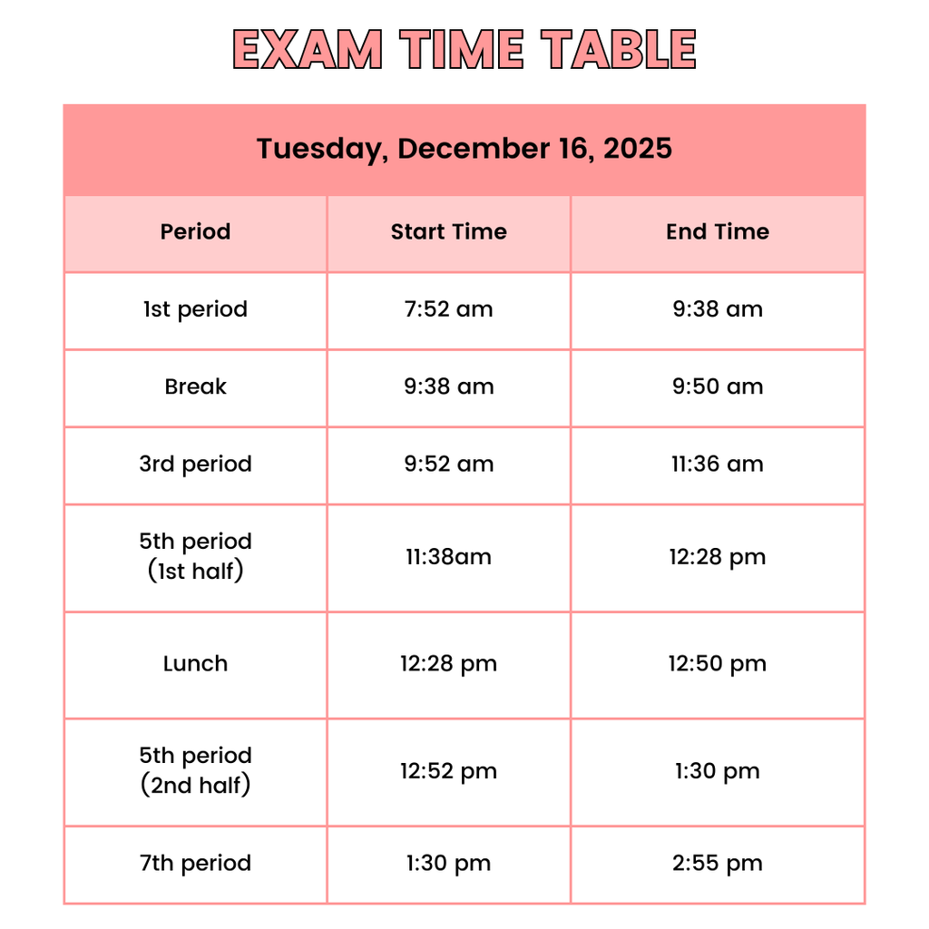 Tuesday, December 16, 2025 Exam Schedule