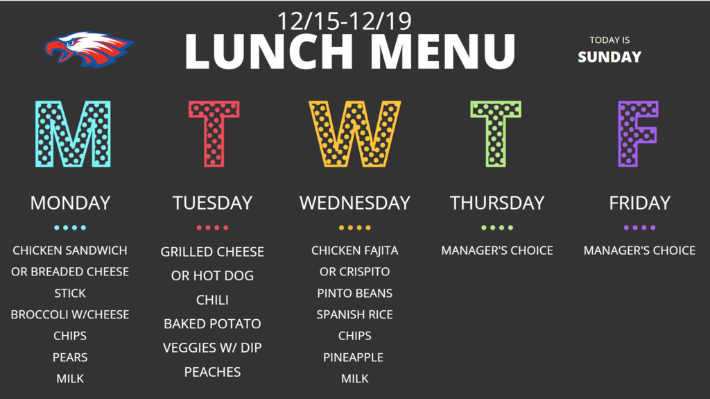 Lunch Menu for 12/15 to 12/19/25