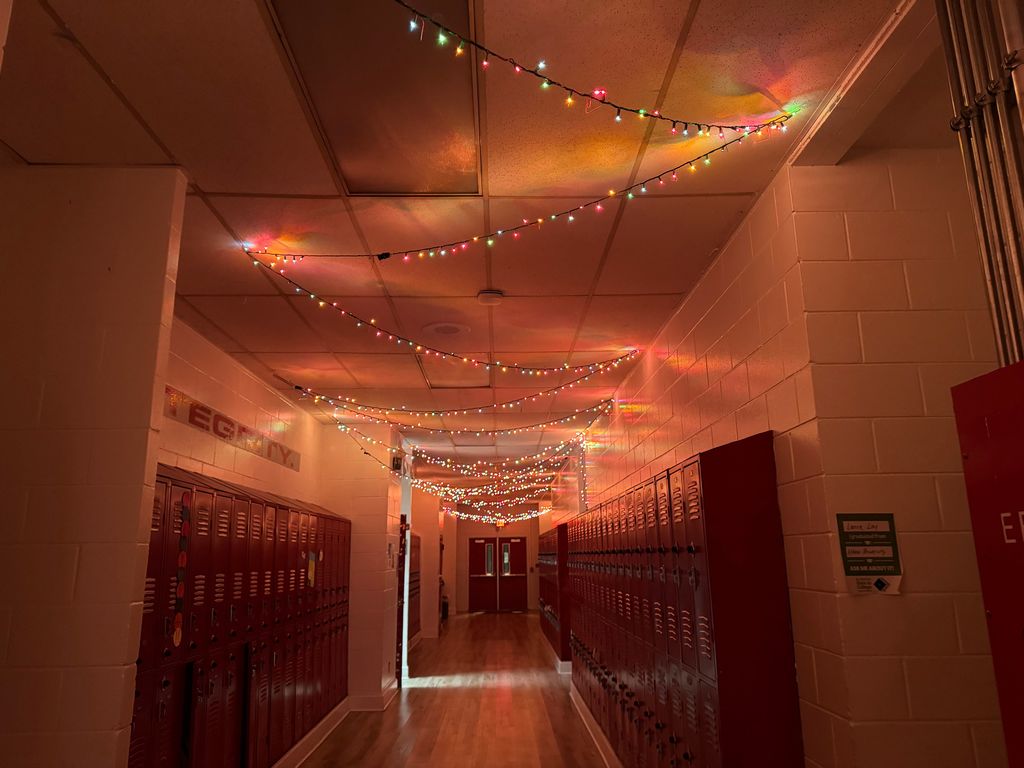 hall with Christmas lights criss-crossing all the way down