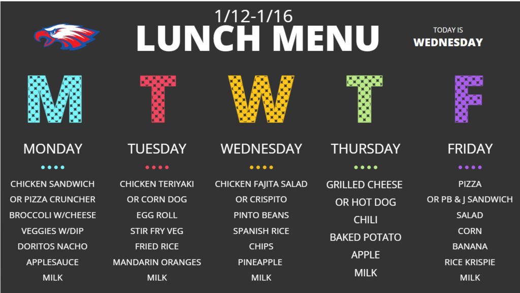 Lunch Menu for 1/12 to 1/16/2026