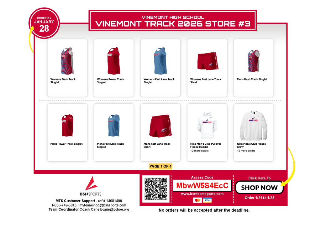 Vinemont track store.  Athletes must purchase red shorts and all red "Vinemont" jersey.  All others are optional. 