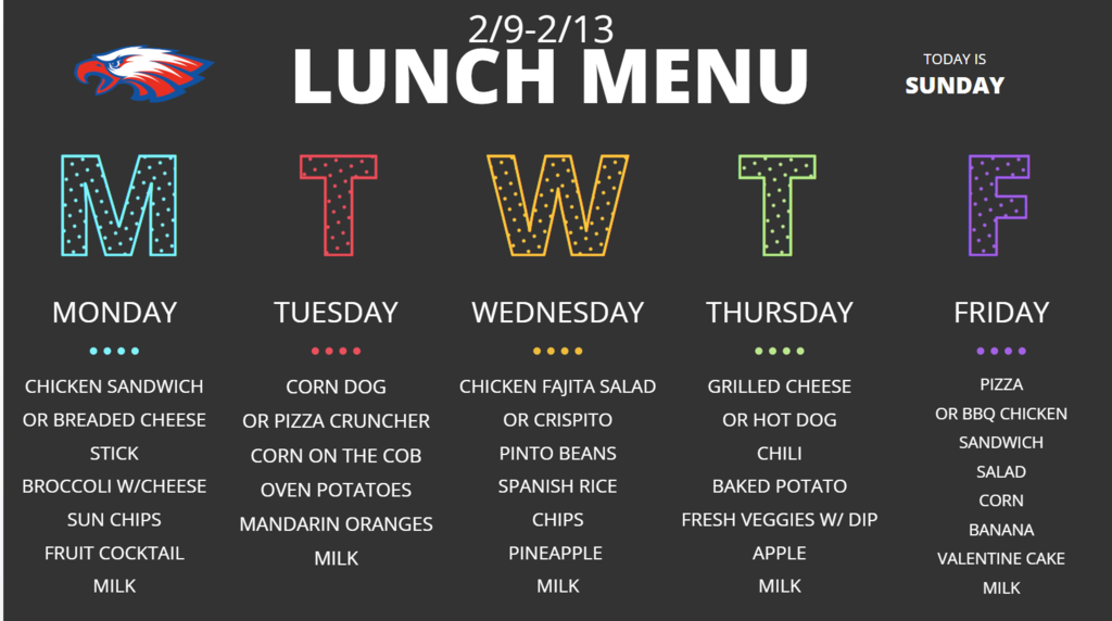 Lunch Menu for 2/9 to 2/13/26